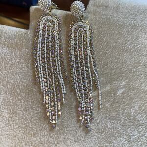 Anthropologie waterfall Rhinestones 3” long Aurora Borealis White Earrings post